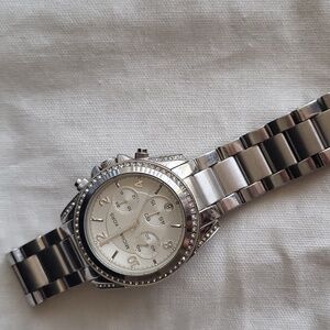 Michael Kors Silver-Tone Crystal Bezel Chronograph Watch